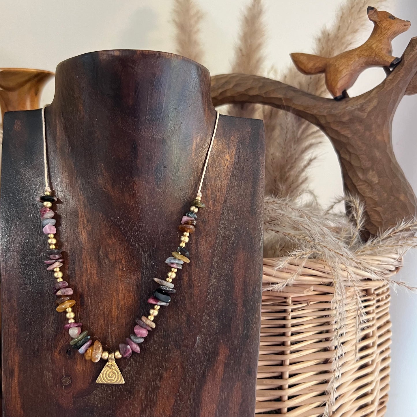 Multi Tourmaline with Brass charm Crystal Necklace