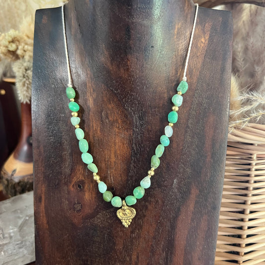 Chrysoprase with Brass Crystal Layer Necklace