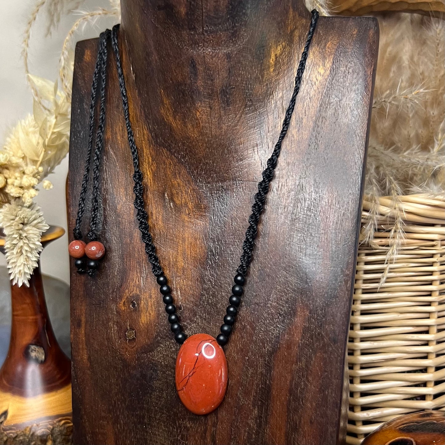 Red Jasper and Black Agate Crystal Macrame Necklace