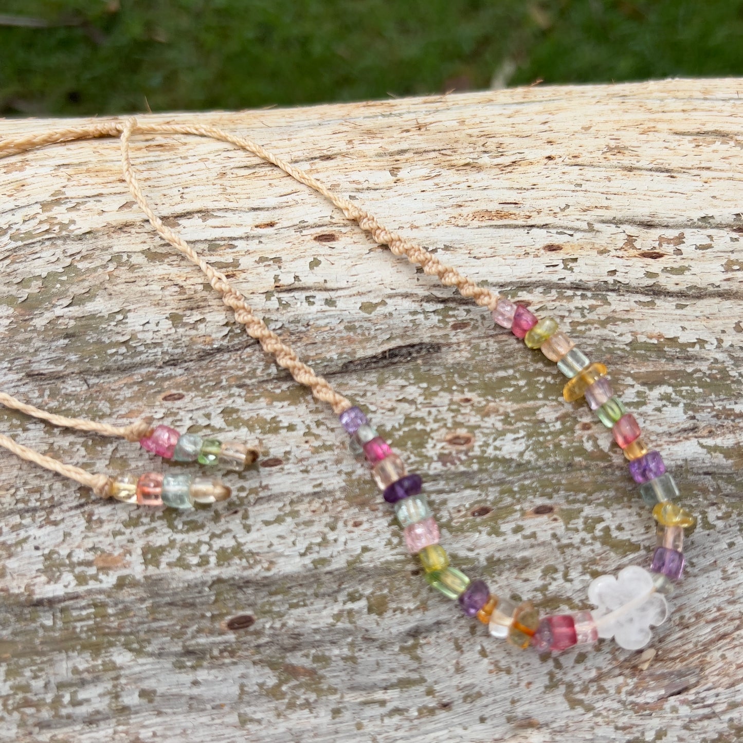 Clear Quartz with Vibrant Dyed Quartz Daisy Chain Macrame Necklace