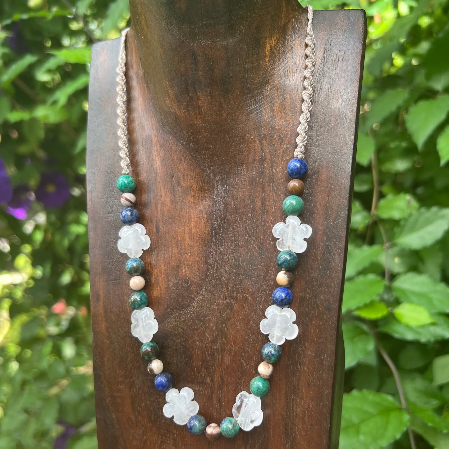 Crystal Daisy Chain Macrame Necklace - Clear Quartz, Chrysocolla and Zebra Jasper