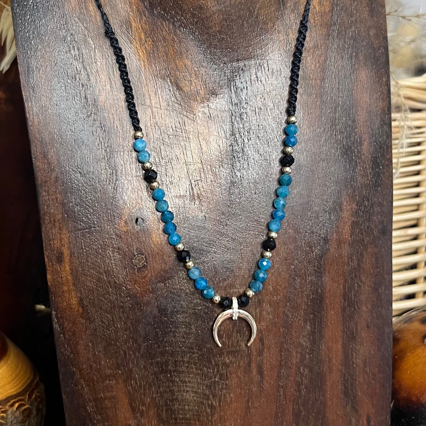 Gold CZ Crescent Horn with Faceted Apatite and Spinel Crystal Necklace