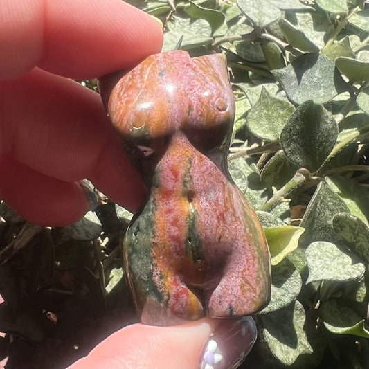 Pink, Green, Ochre Ocean Jasper Goddess Female Body Crystal Carving
