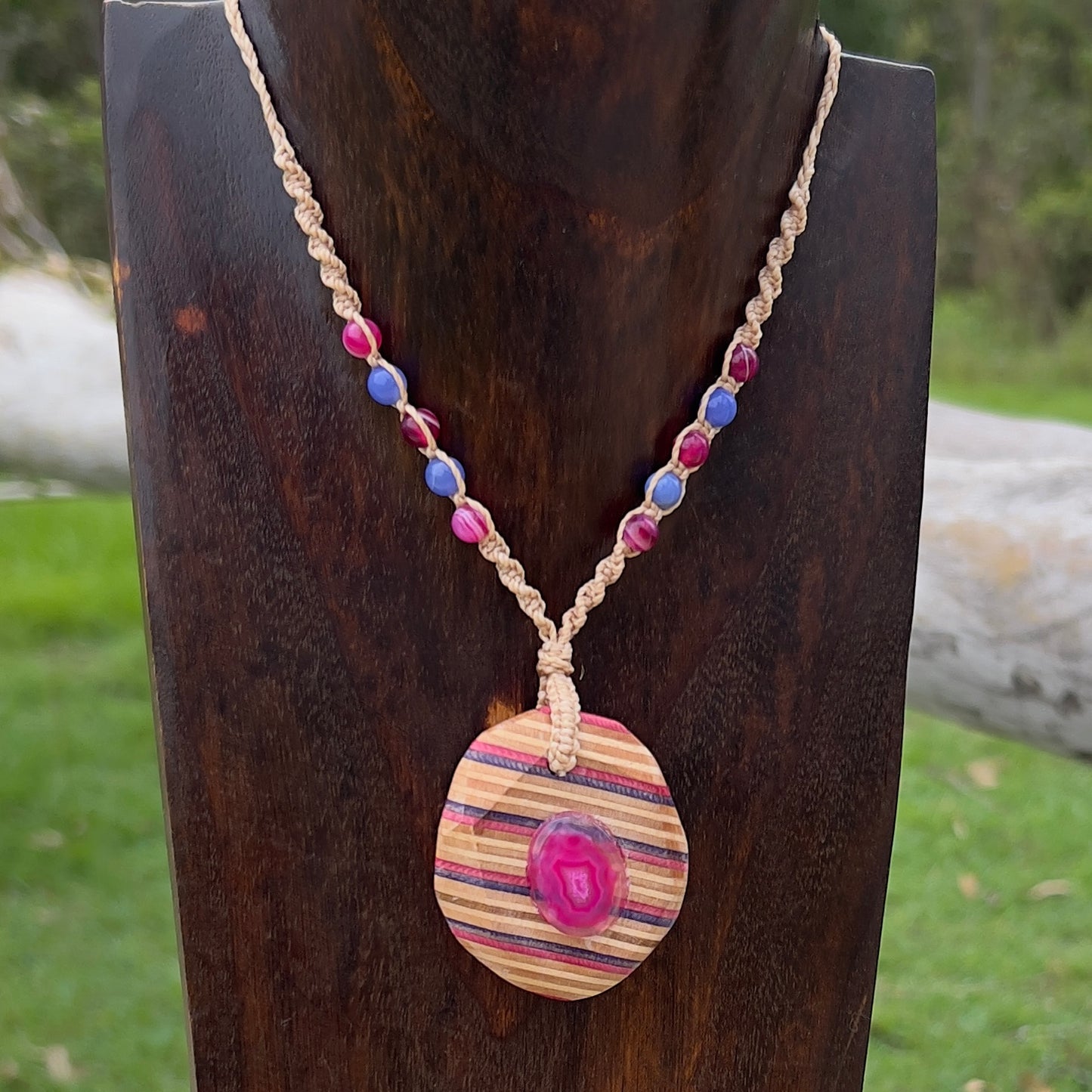 Handmade, unique recycled skateboard pendant with embedded Dyed Agate Druzy Cabochone on an adjustable macrame necklace cord woven with Dyed Agate beading