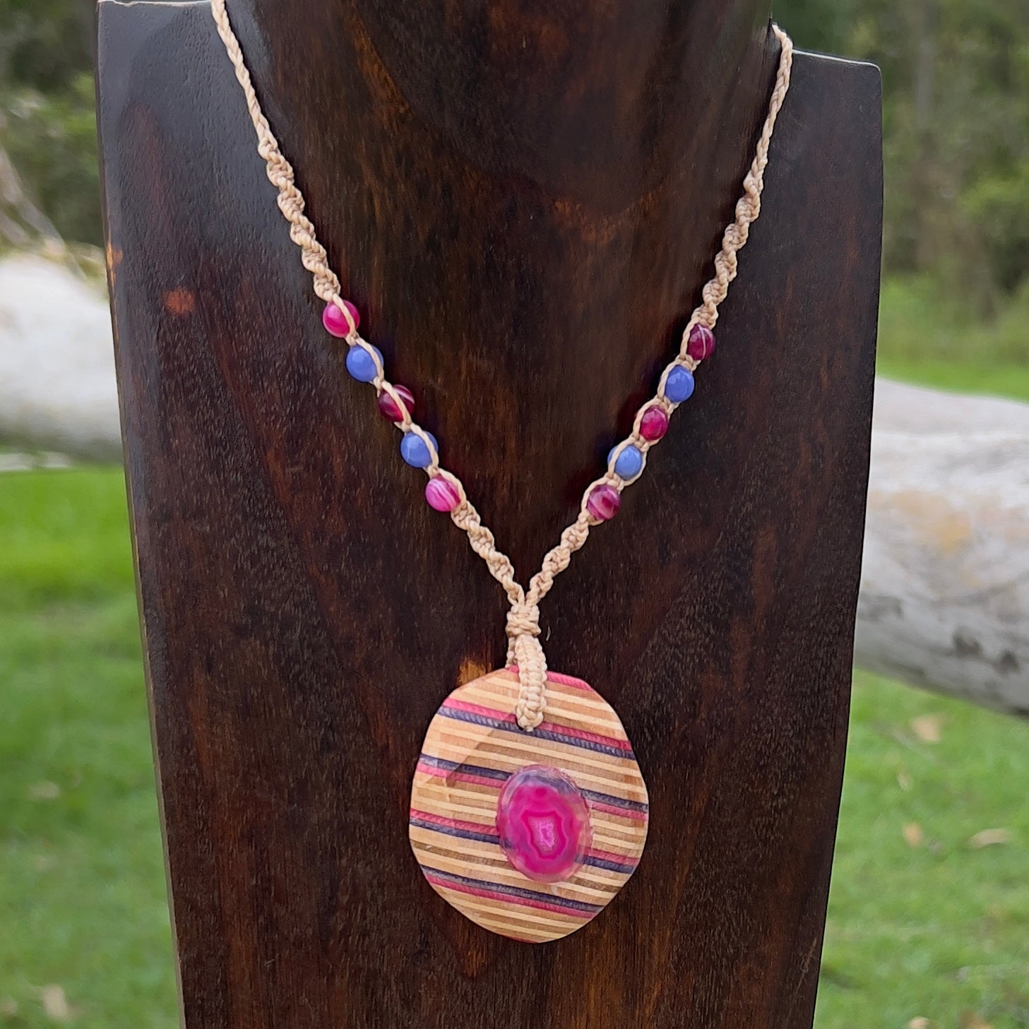 Handmade, unique recycled skateboard pendant with embedded Dyed Agate Druzy Cabochone on an adjustable macrame necklace cord woven with Dyed Agate beading