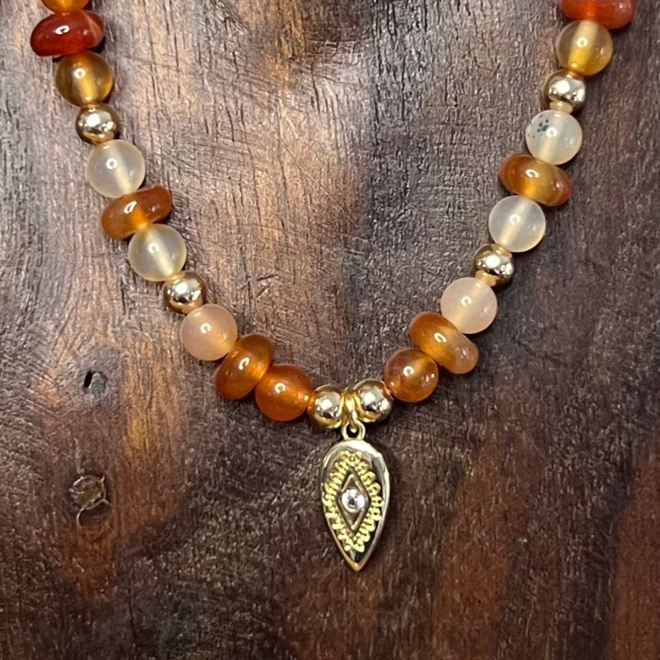 Carnelian & Persian Gulf Agate with Gold CZ Boho Accents Crystal Necklace