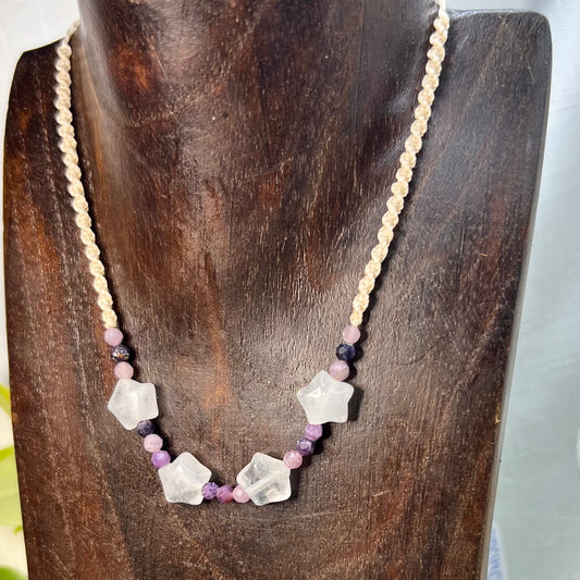 Quartz Star and Amethyst Macrame Choker Necklace