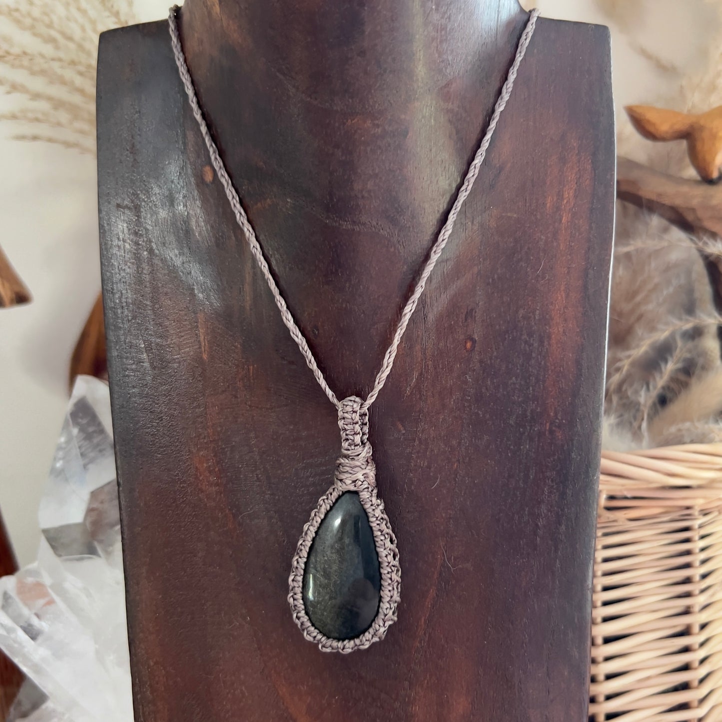 Golden Sheen Obsidian Macrame Necklace