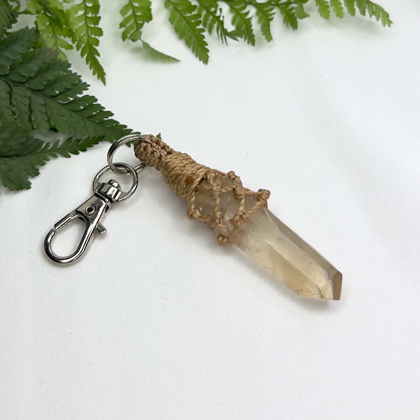 Tangerine Quartz Point Crystal Macrame Keyring Charm | Pet Collar Charm