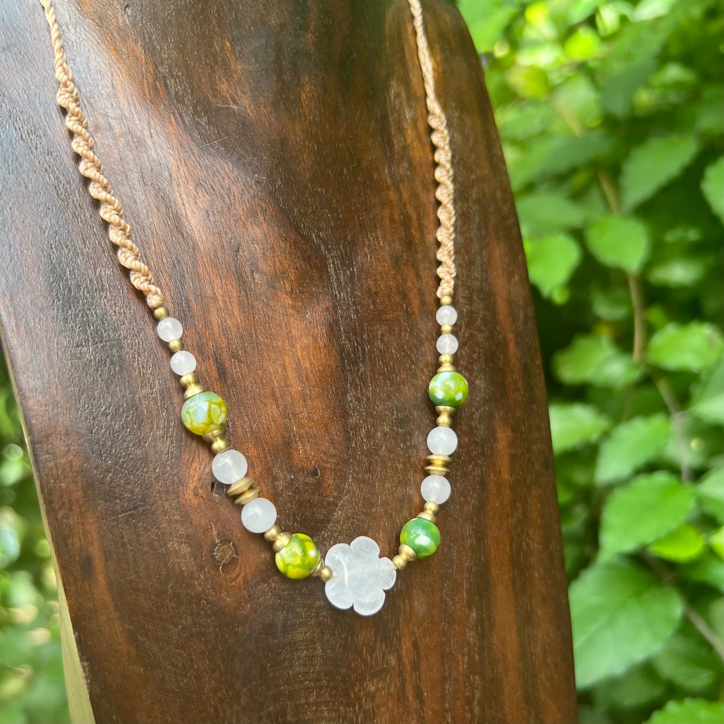 Quartz Daisy, Dyed Agate, Rose Quartz and brass Macramé Choker Necklace