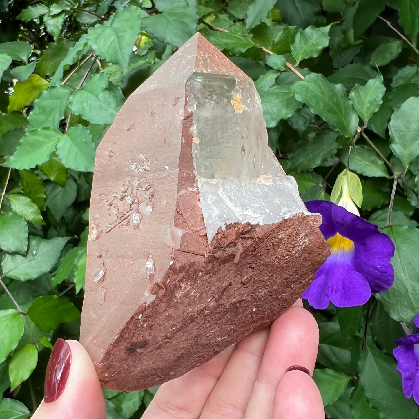 Red Hematoid Quartz Point Specimen - A super chunky self-healed double-terminated point on rose gold stand