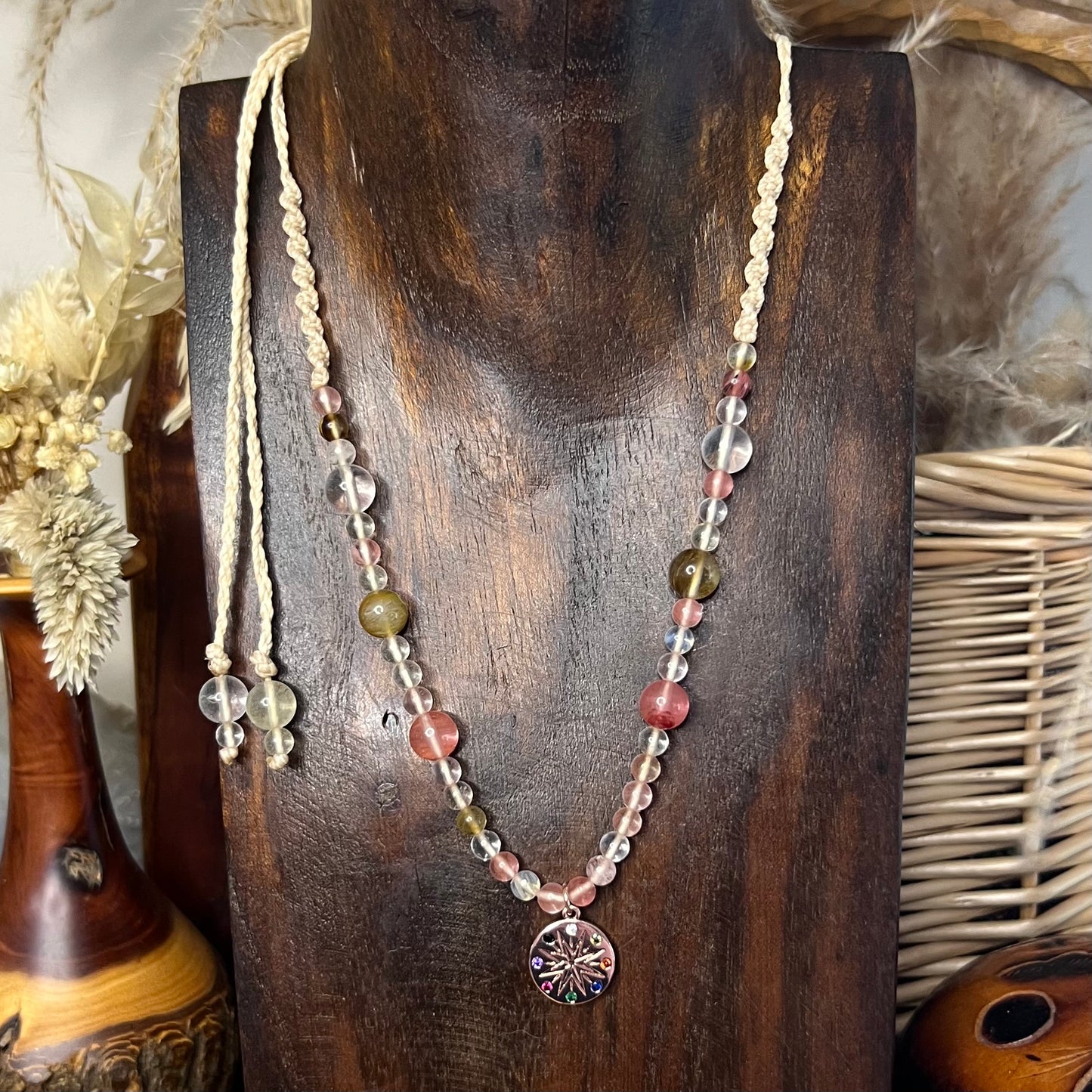 Rose Gold Celestial Star Wheel Charm with Fire Cherry Quartz Crystal Necklace