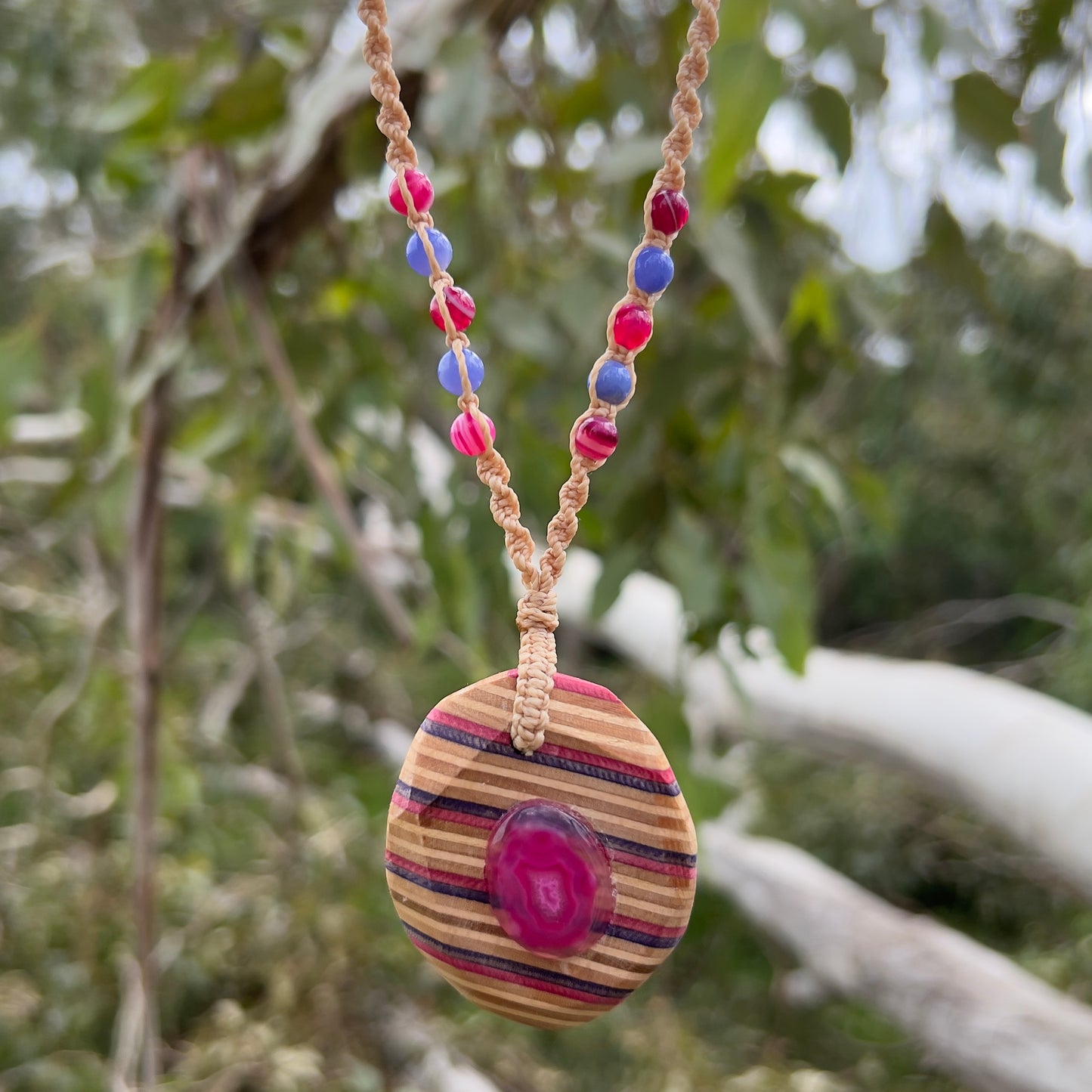 Handmade, unique recycled skateboard pendant with embedded Dyed Agate Druzy Cabochone on an adjustable macrame necklace cord woven with Dyed Agate beading