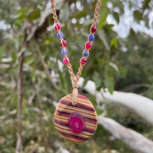 Handmade, unique recycled skateboard pendant with embedded Dyed Agate Druzy Cabochone on an adjustable macrame necklace cord woven with Dyed Agate beading