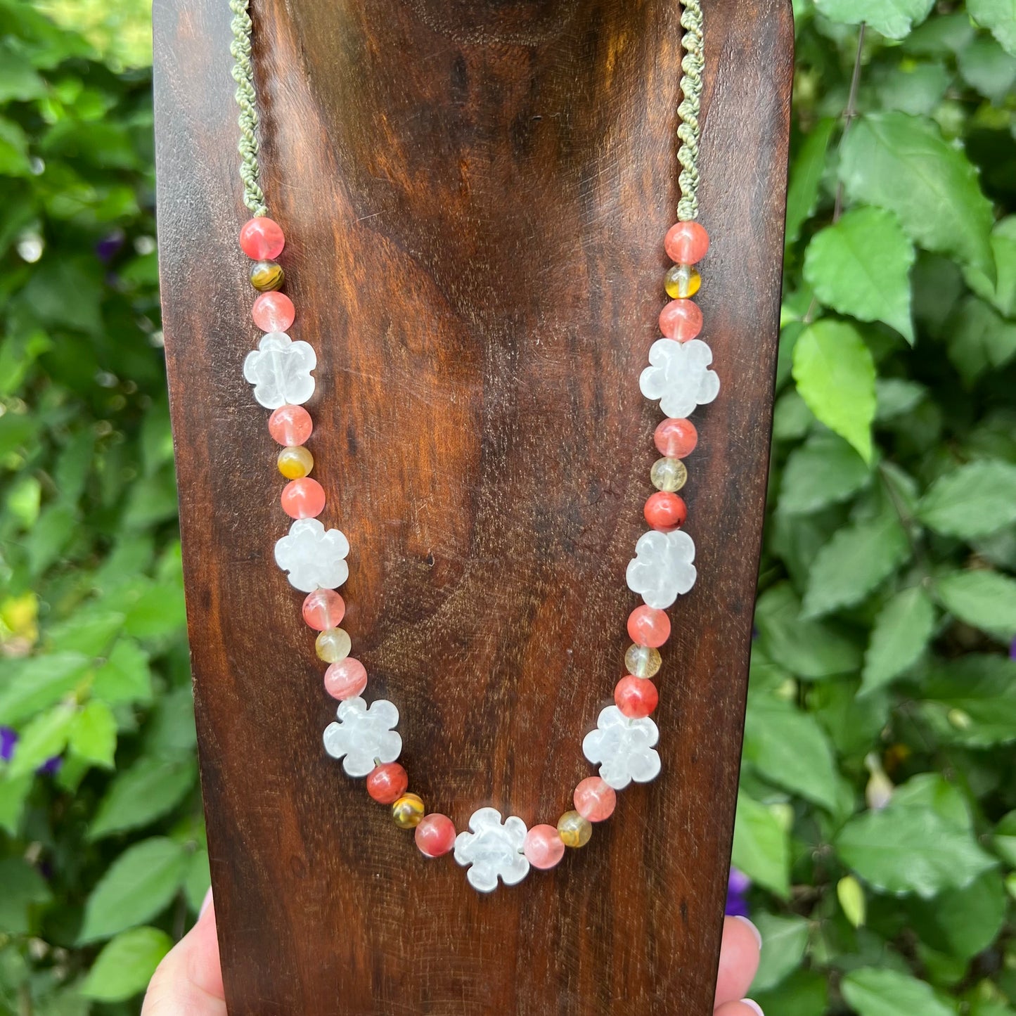 Daisy Chain Macrame Necklace with Clear Quartz, Strawberry Quartz, Indian Agate
