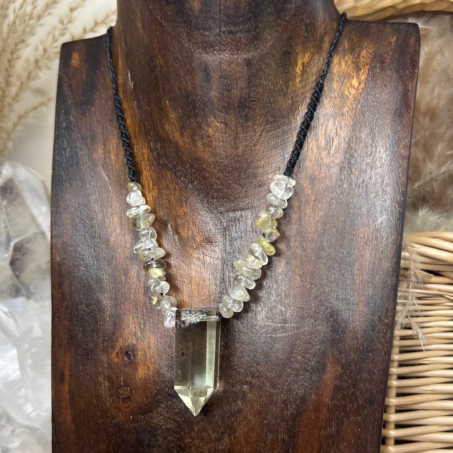 Brazilian Citrine with Rultilated Quartz Crystal Macrame Necklace/Talisman