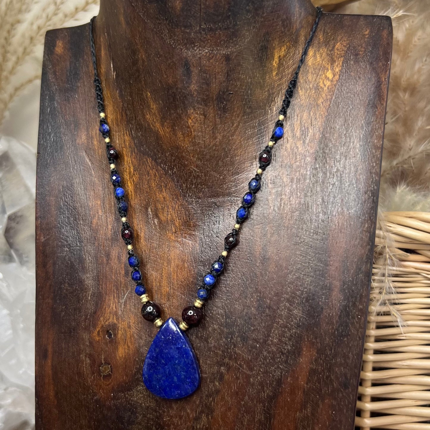 Lapis Lazuli, Garnet & Brass Crystal Macrame Necklace