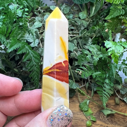 White with Red and yellow Mookaite Polished Tower with unique leaf pattern