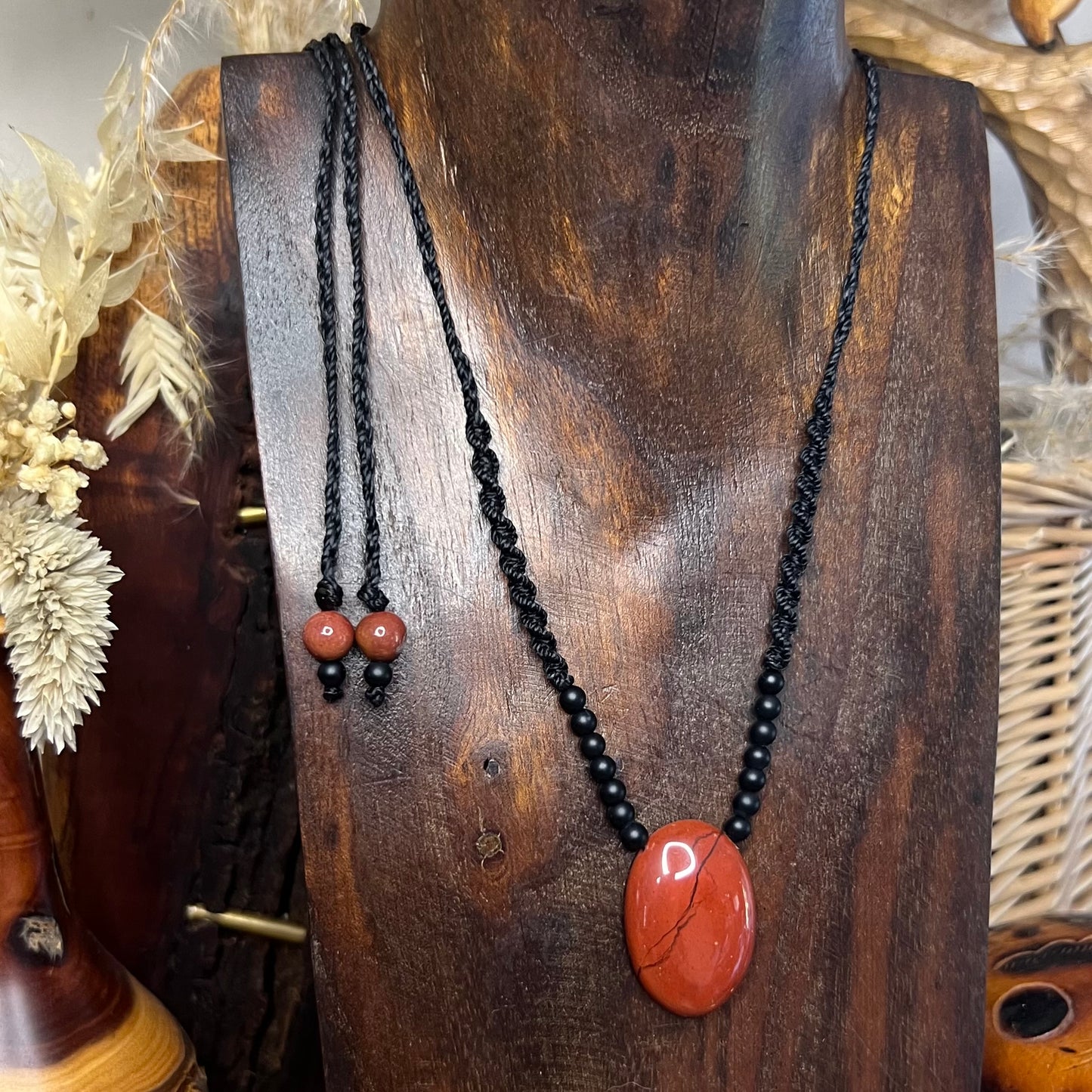 Red Jasper and Black Agate Crystal Macrame Necklace
