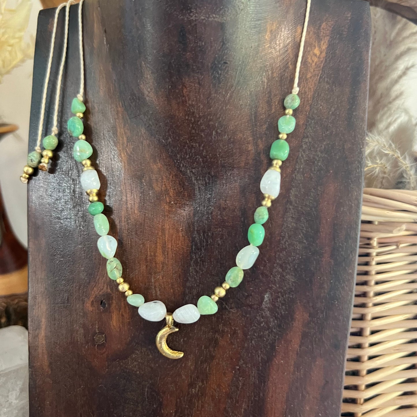 Chrysoprase with Rainbow Moonstone and Brass charm Crystal Necklace