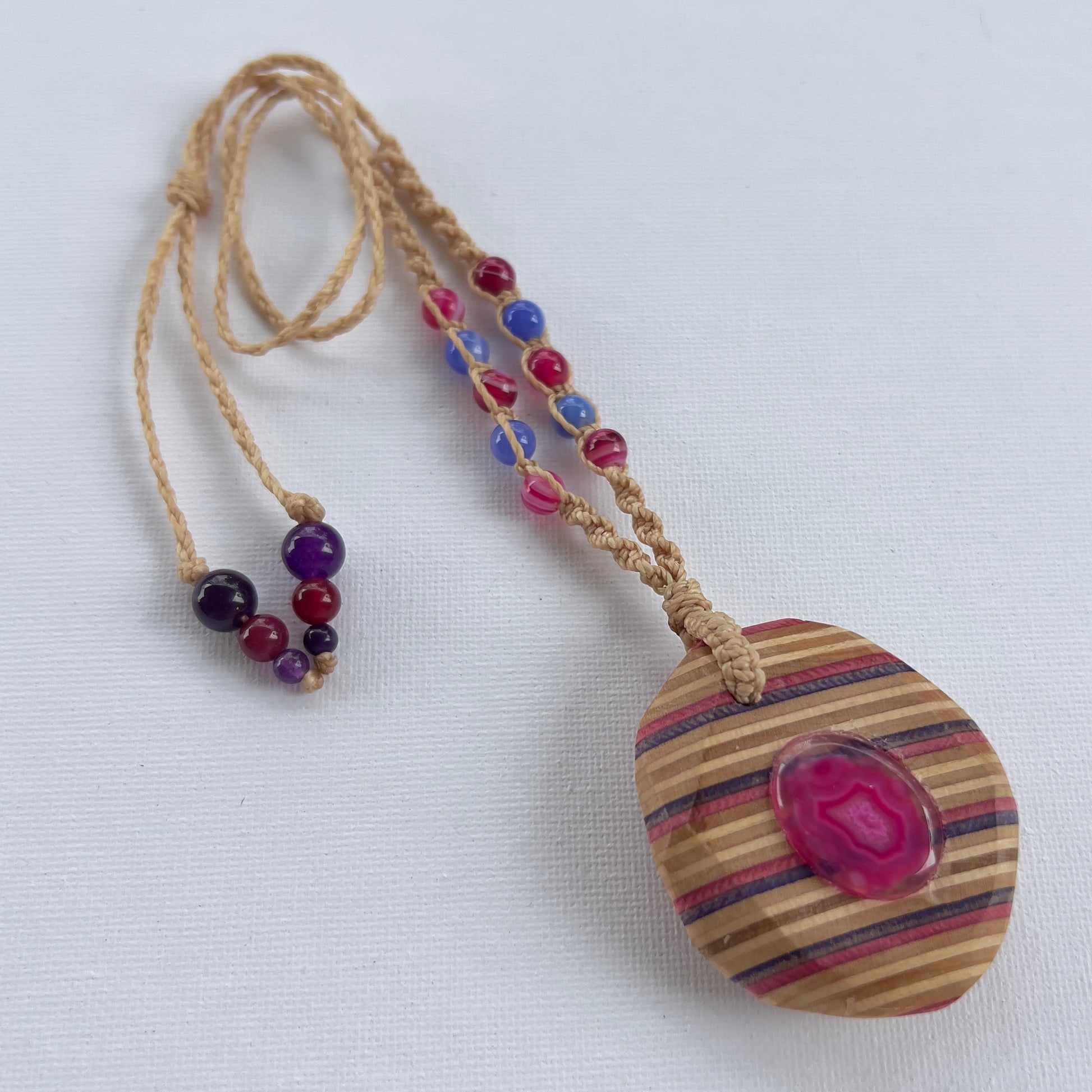 Handmade, unique recycled skateboard pendant with embedded Dyed Agate Druzy Cabochone on an adjustable macrame necklace cord woven with Dyed Agate beading