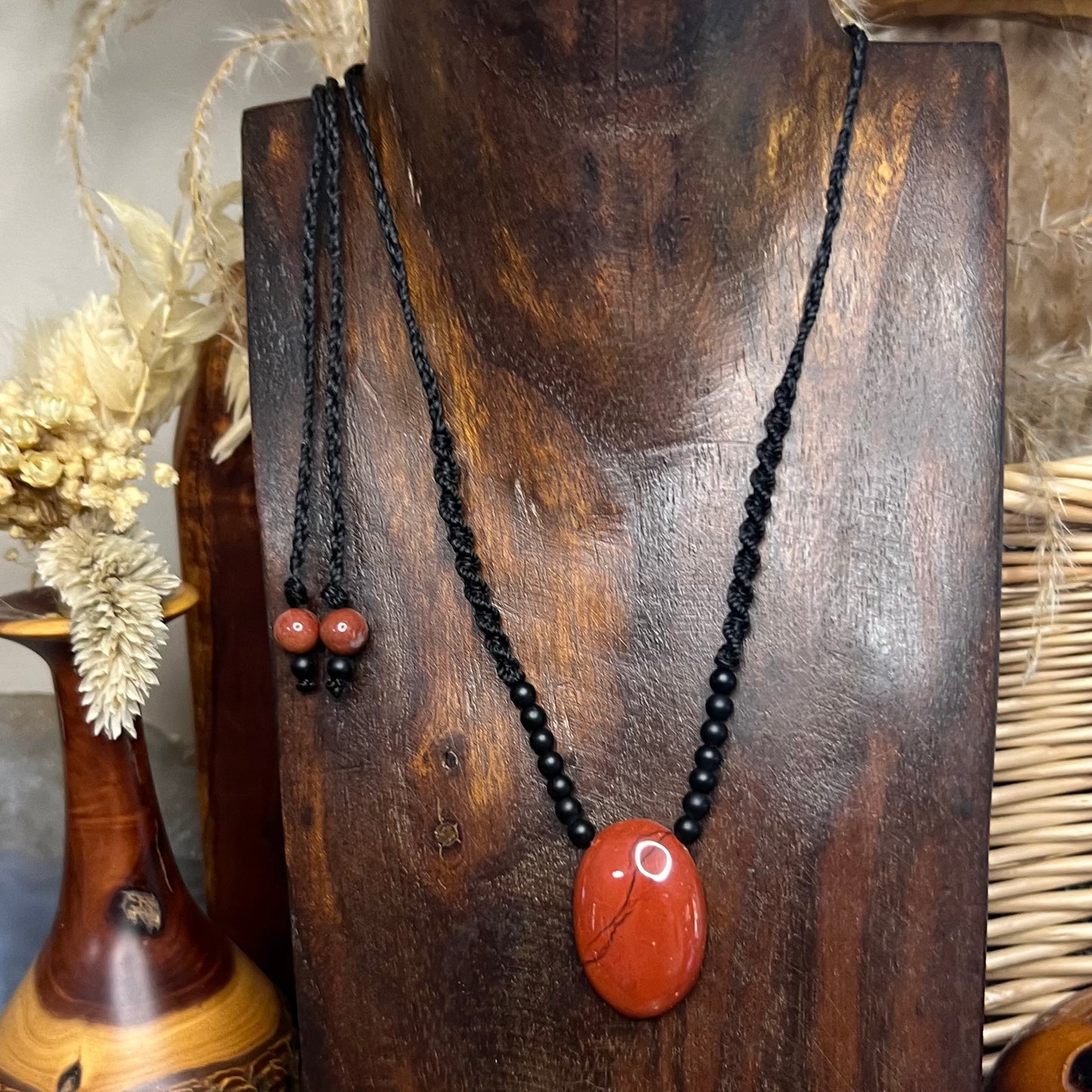 Red Jasper and Black Agate Crystal Macrame Necklace