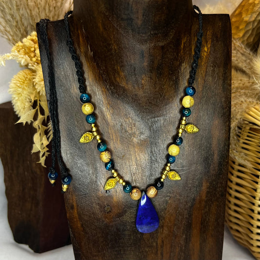 Lapis Lazuli, Tiger Eye, Brass & Wood Crystal Macrame Necklace