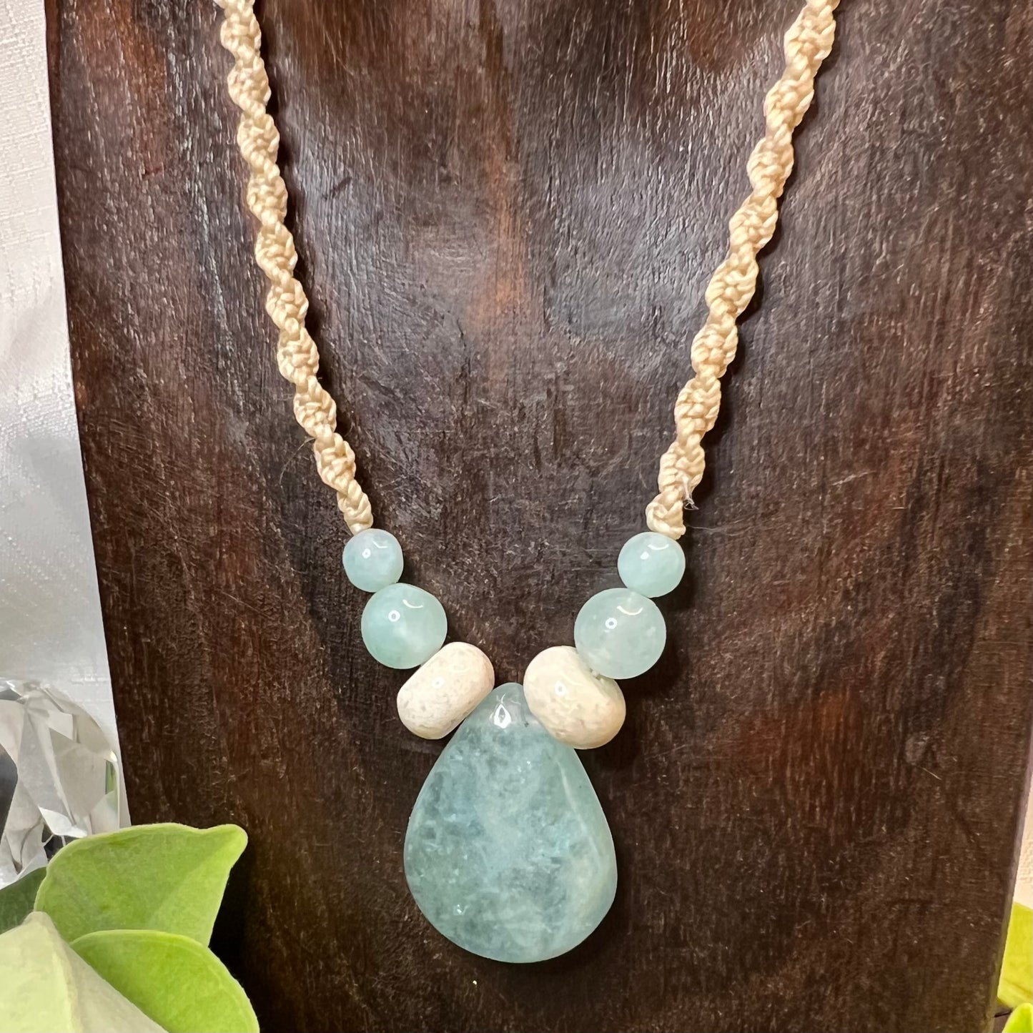 Aquamarine and Fossil Bone Macrame Crystal Necklace
