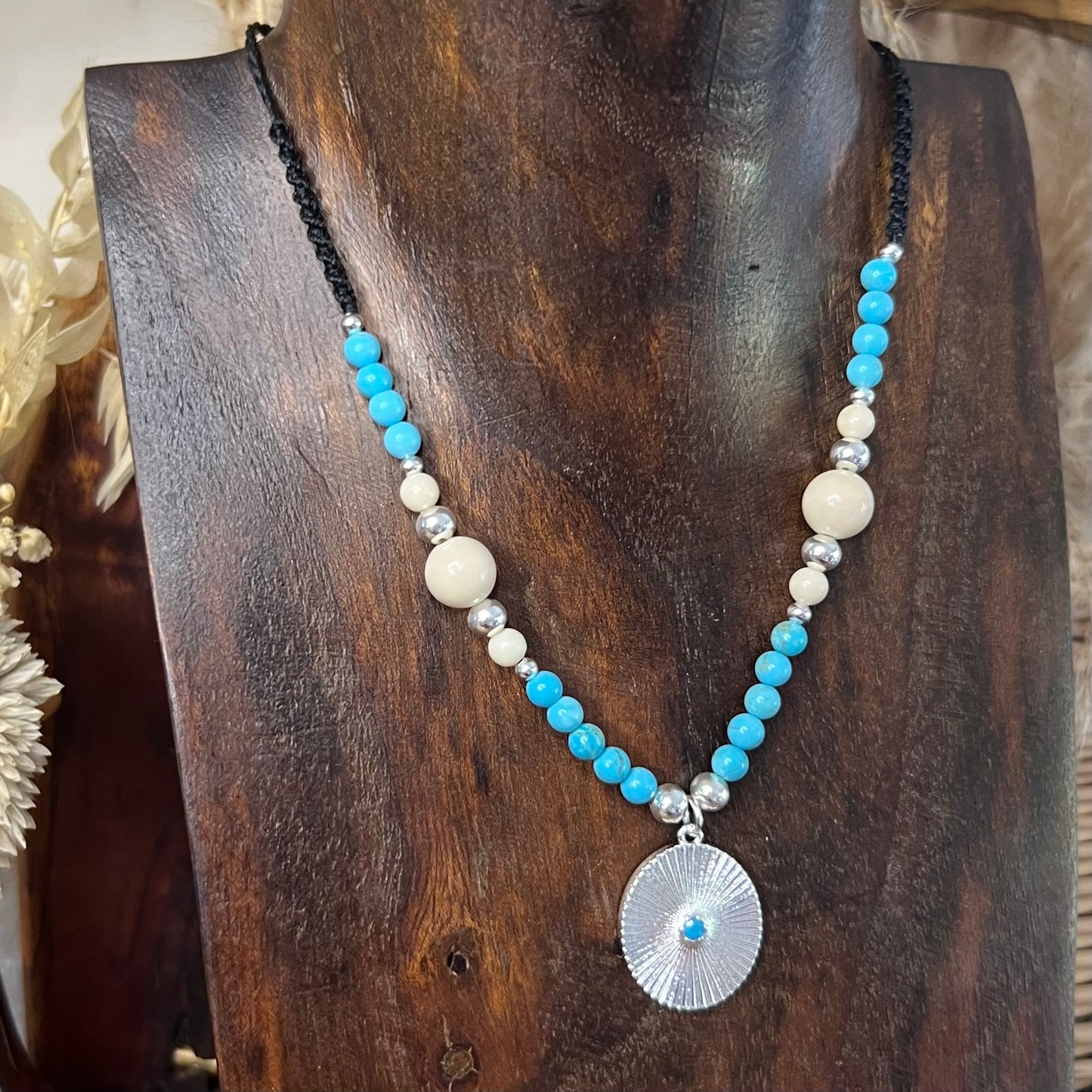 Blue Howlite & Riverstone with Silver Boho accents Crystal Necklace