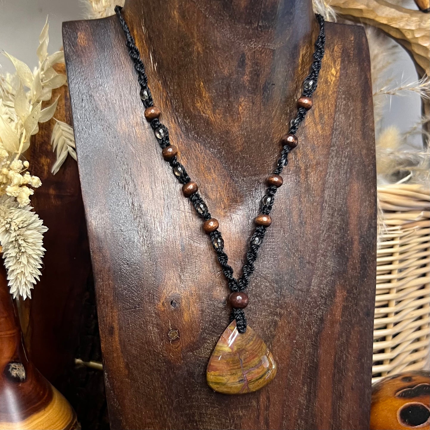 Fossilised Wood with wood & Smoky Quartz Crystal Necklace