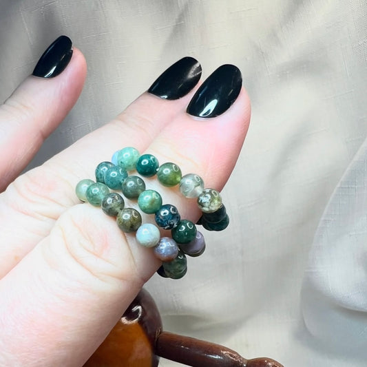 Moss Agate Beaded Stretch Ring: Renewal | New Beginnings | Abundance