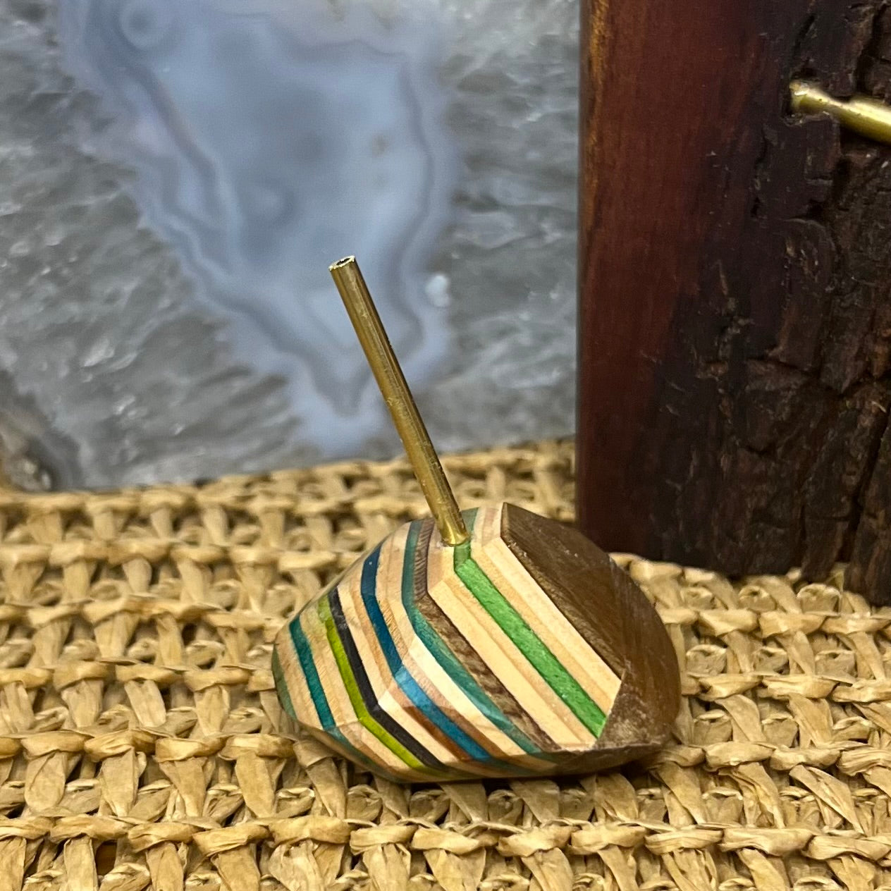 colourful and unique handmade recycled skateboard wood with brass incense burner rock for stick incense