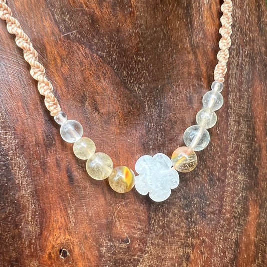 Clear Quartz Daisy Macrame Necklace with Indian Agate