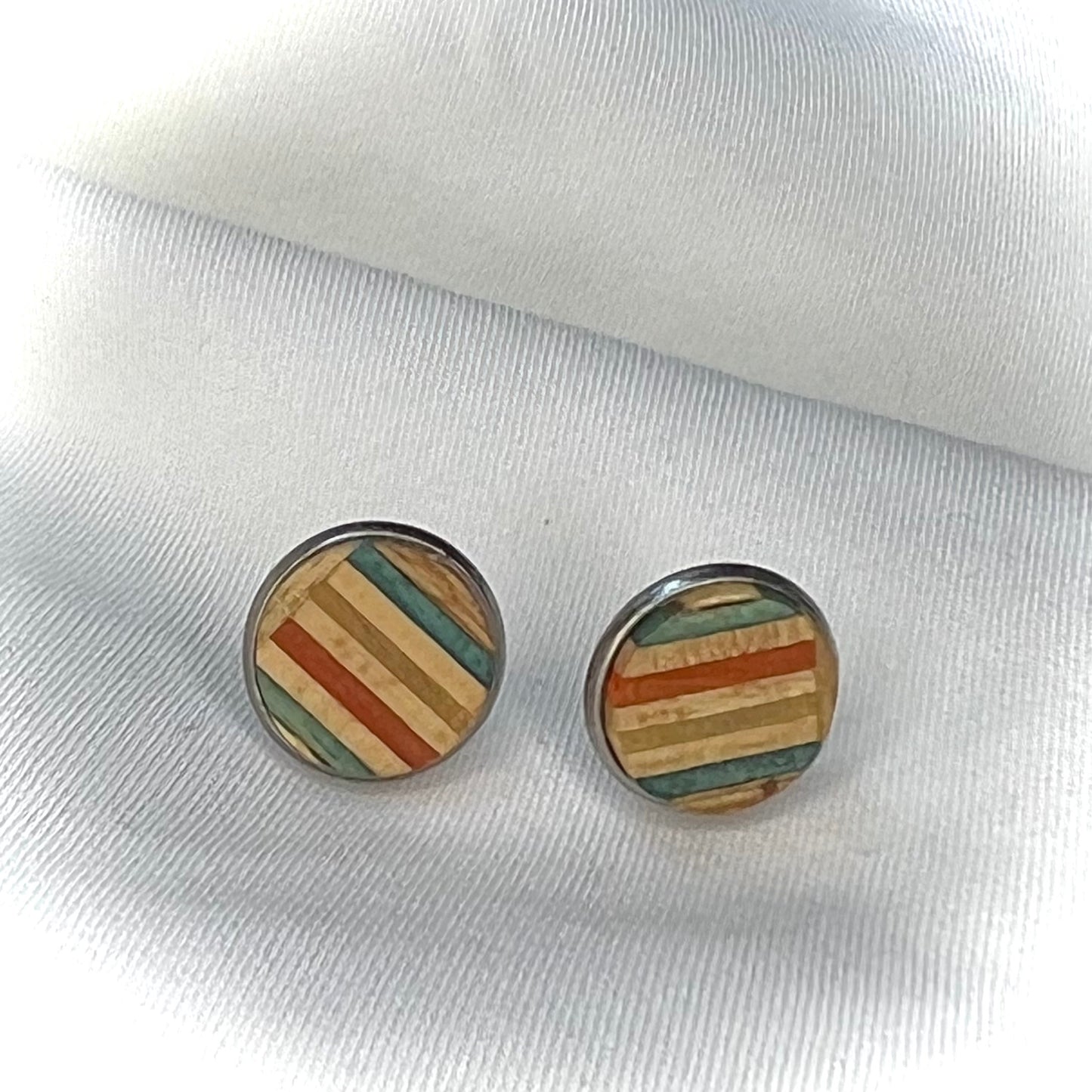 Upcycled Skateboard Timber Stud Earrings | Red•Blue•Yellow•Wood | by Addy’s Earrings