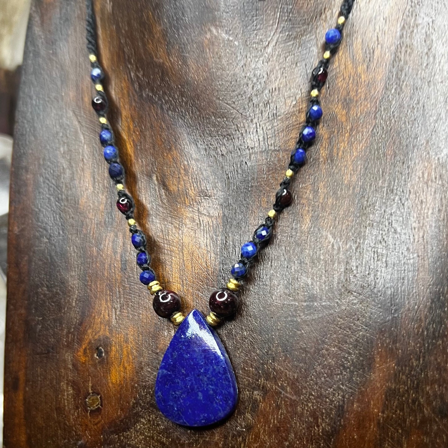 Lapis Lazuli, Garnet & Brass Crystal Macrame Necklace