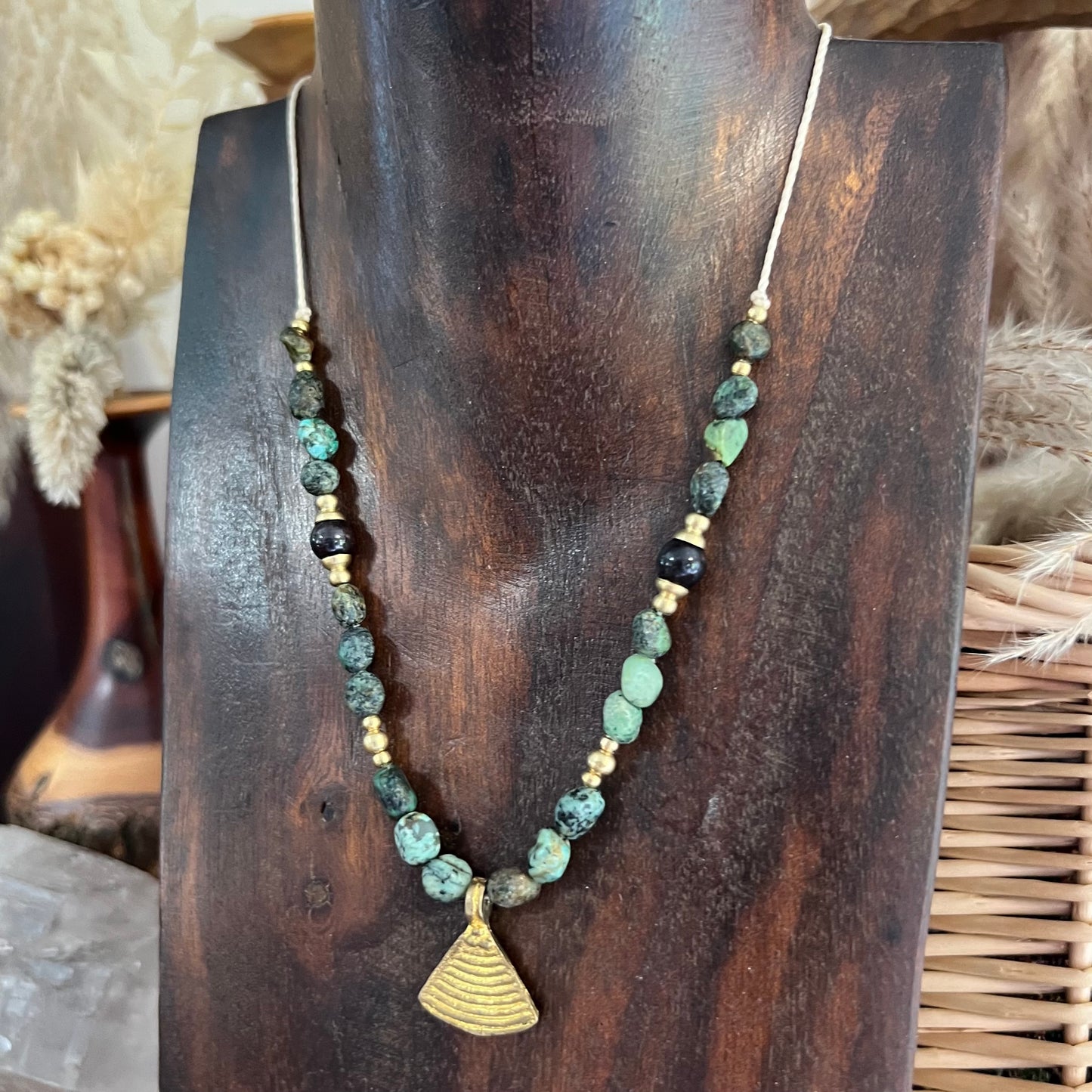 Chinese Turquoise with Brass charm Crystal Necklace