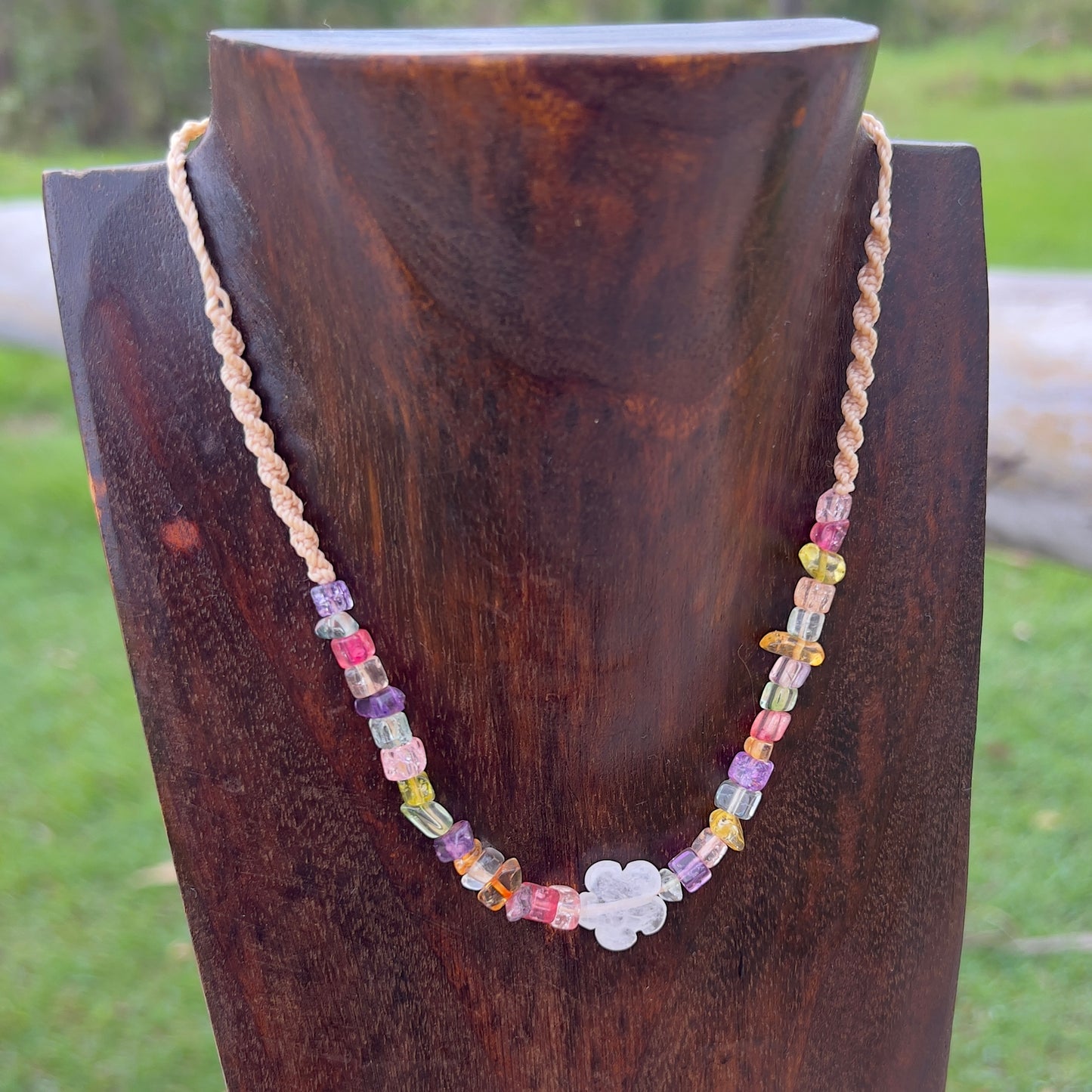 Clear Quartz with Vibrant Dyed Quartz Daisy Chain Macrame Necklace