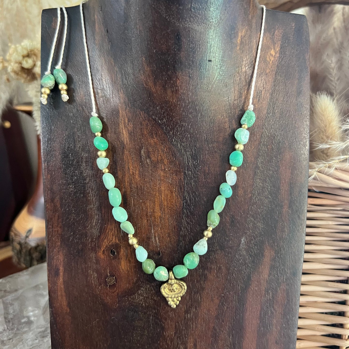 Chrysoprase with Brass Crystal Layer Necklace