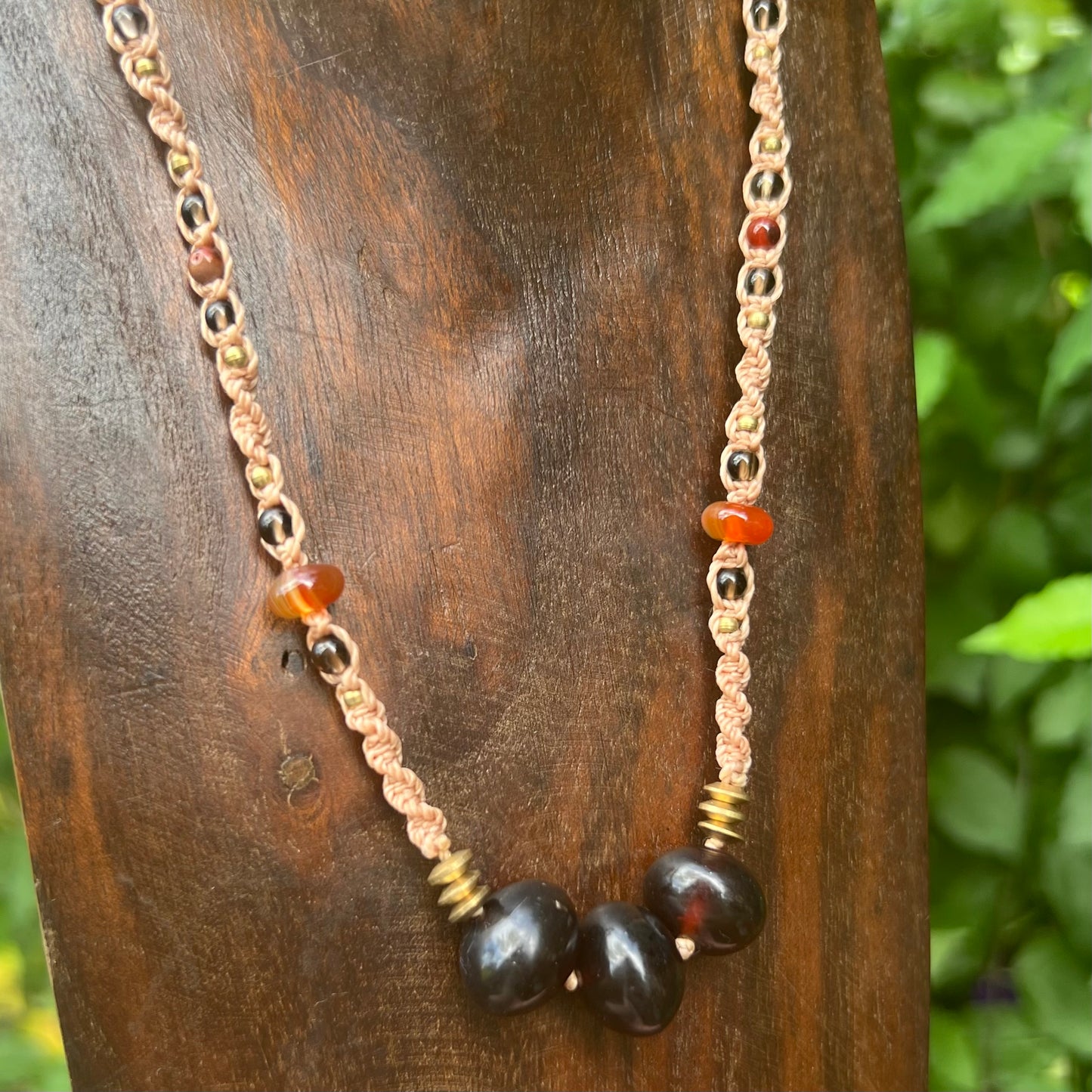 Indonesian Blue Amber with Carnelian and Smoky Quartz Macrame Necklace