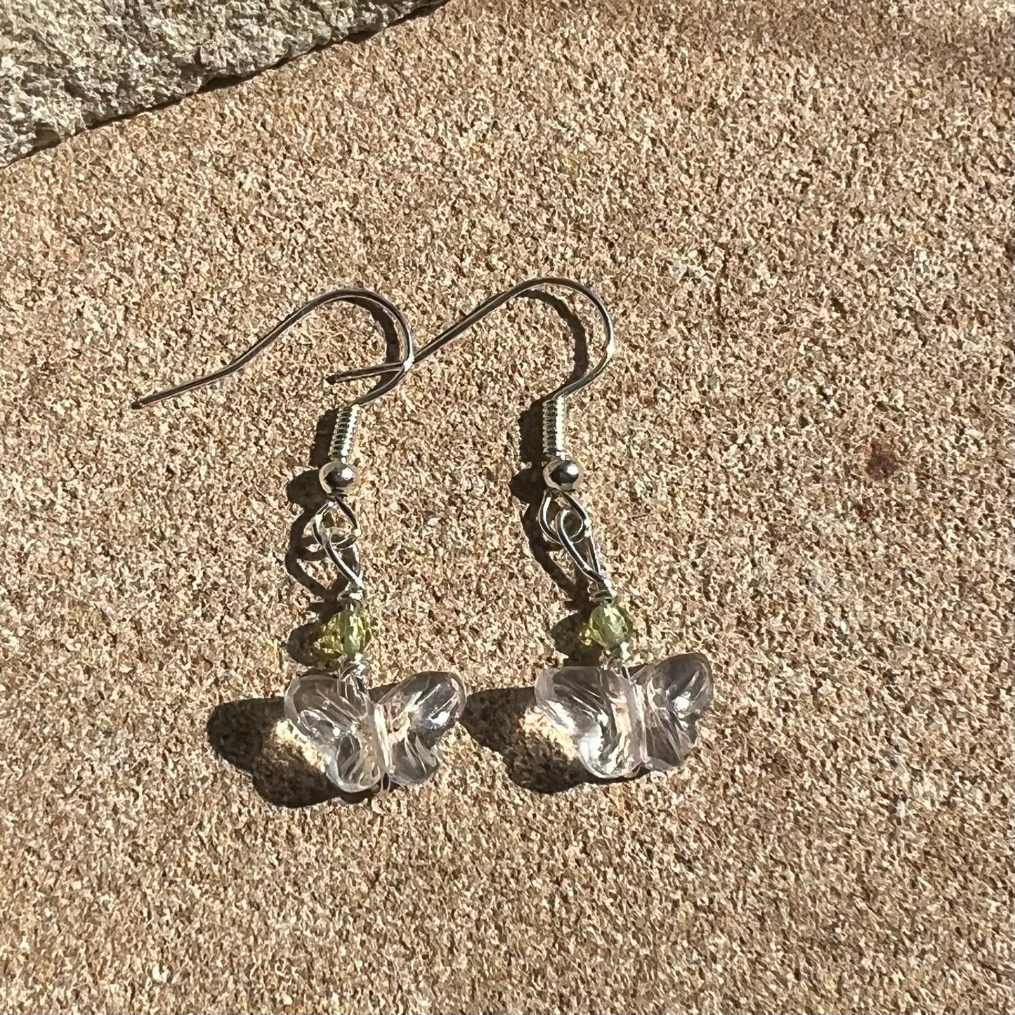 Clear Quartz Butterfly with Peridot Earrings: Clarity ∙ Balance ∙ Joy ∙ Positivity