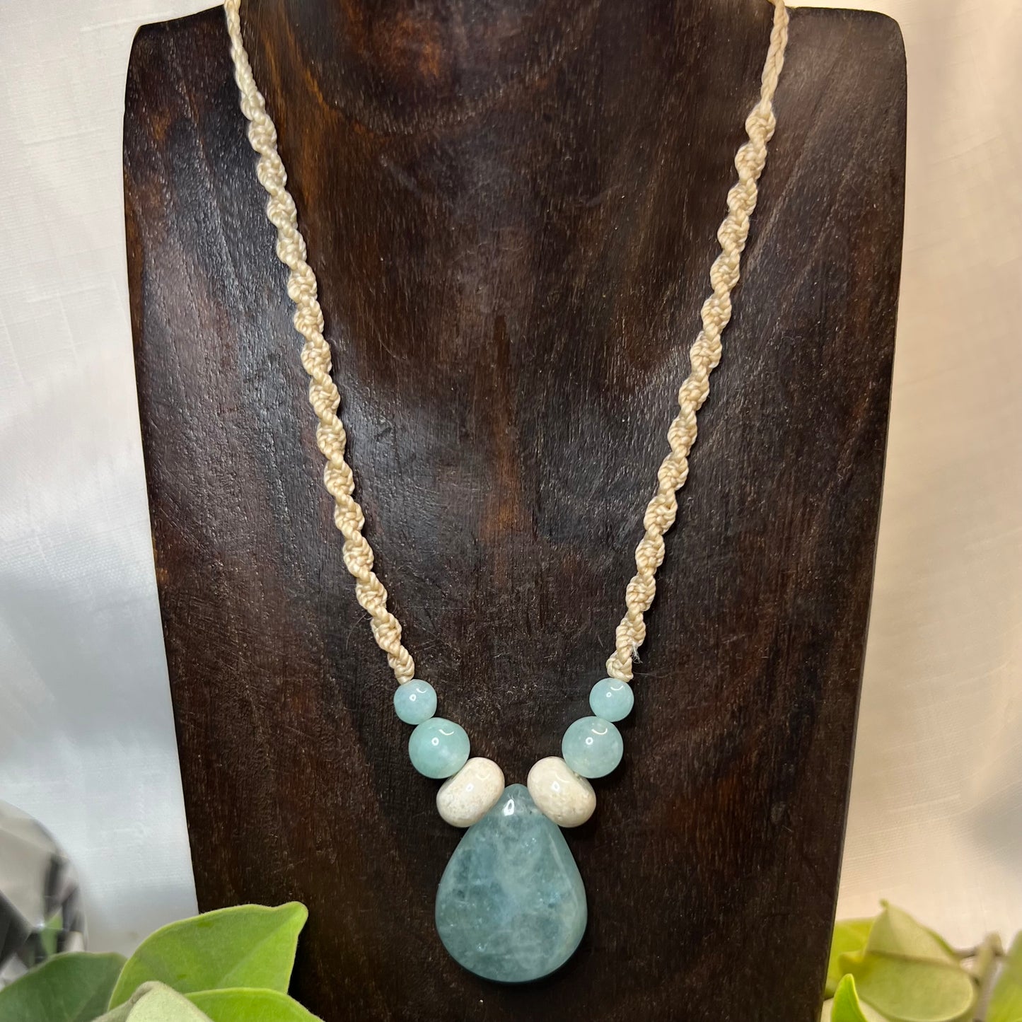 Aquamarine and Fossil Bone Macrame Crystal Necklace