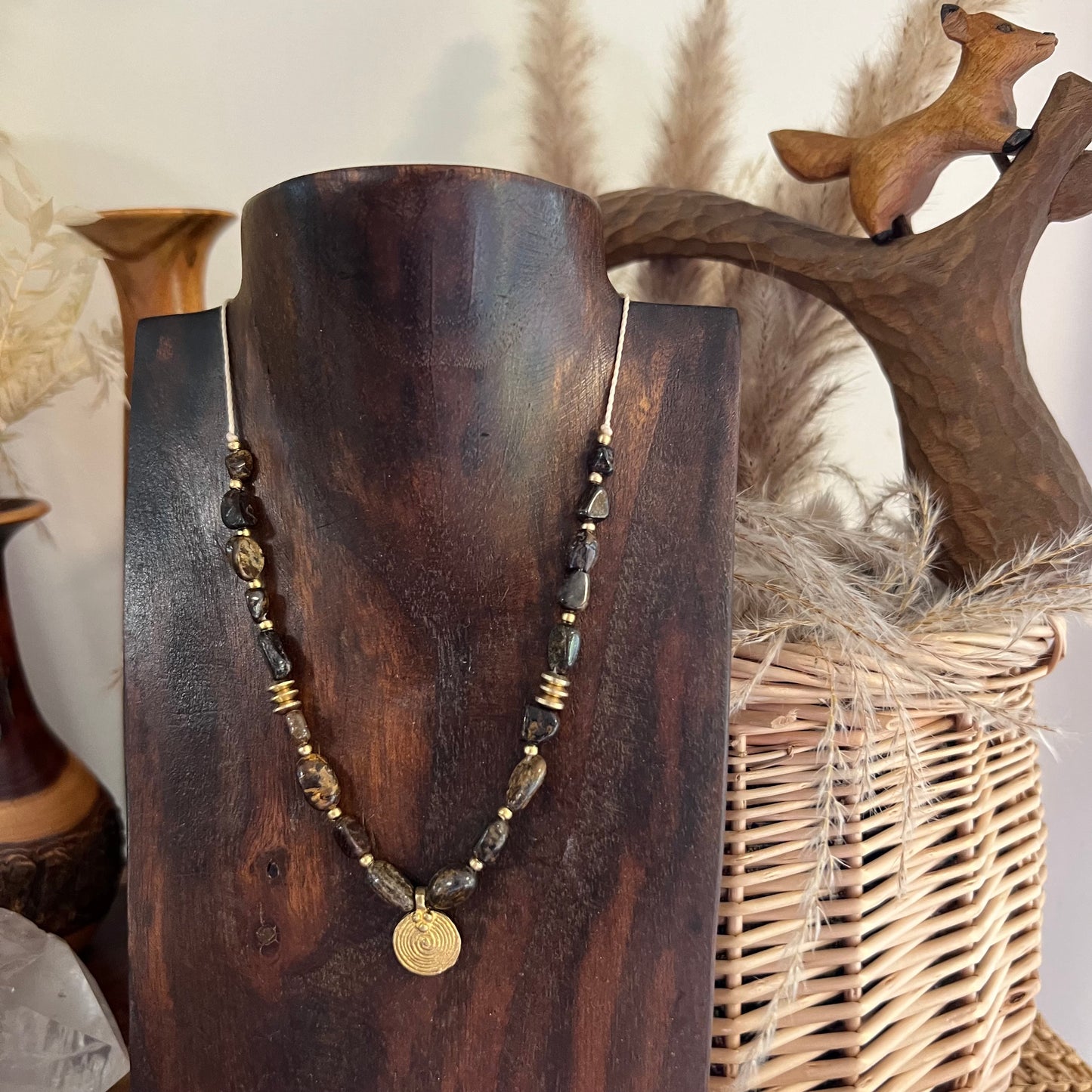 Bronzite with Brass charm Crystal Necklace