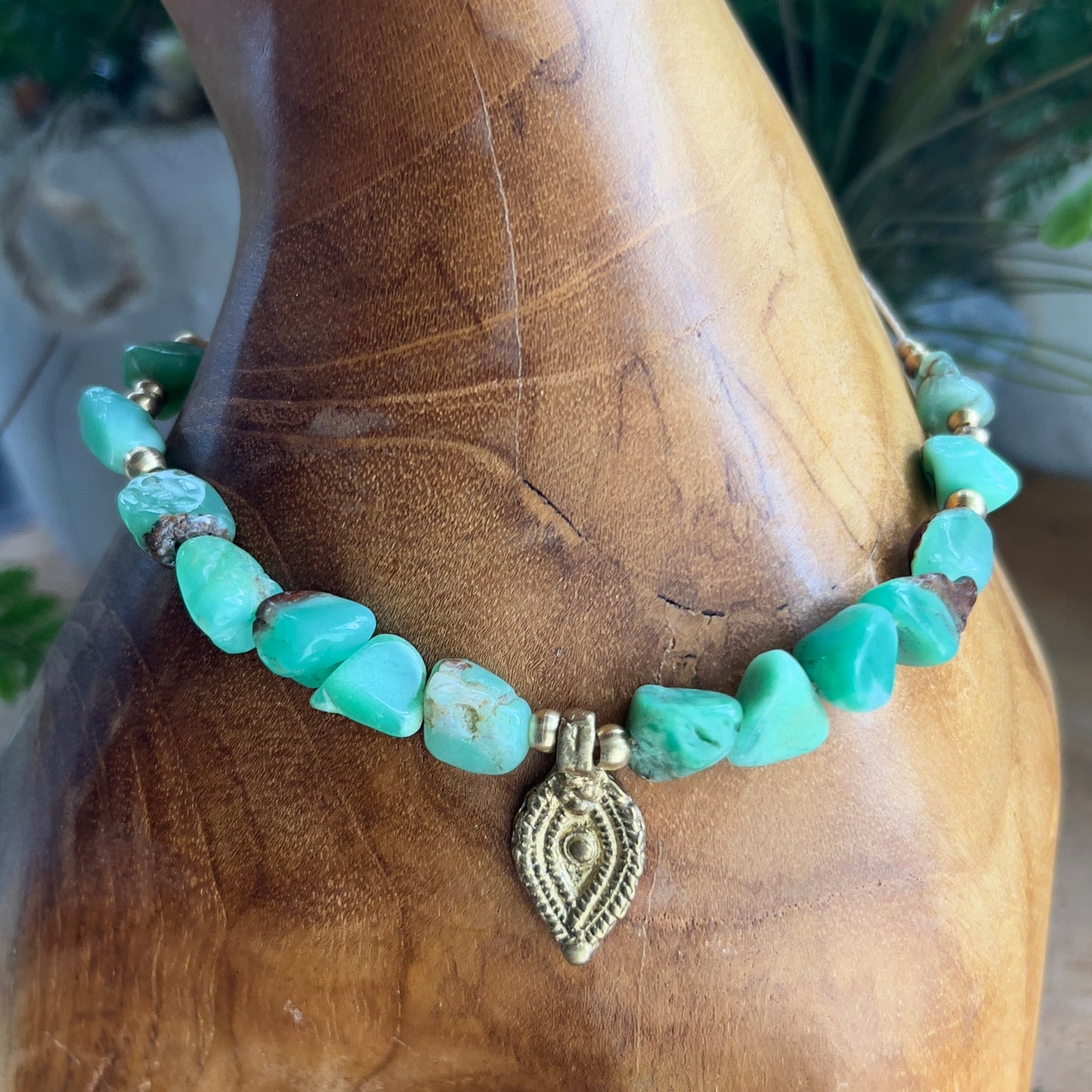 Lush Chunky Chrysoprase with Brass charm Crystal Necklace