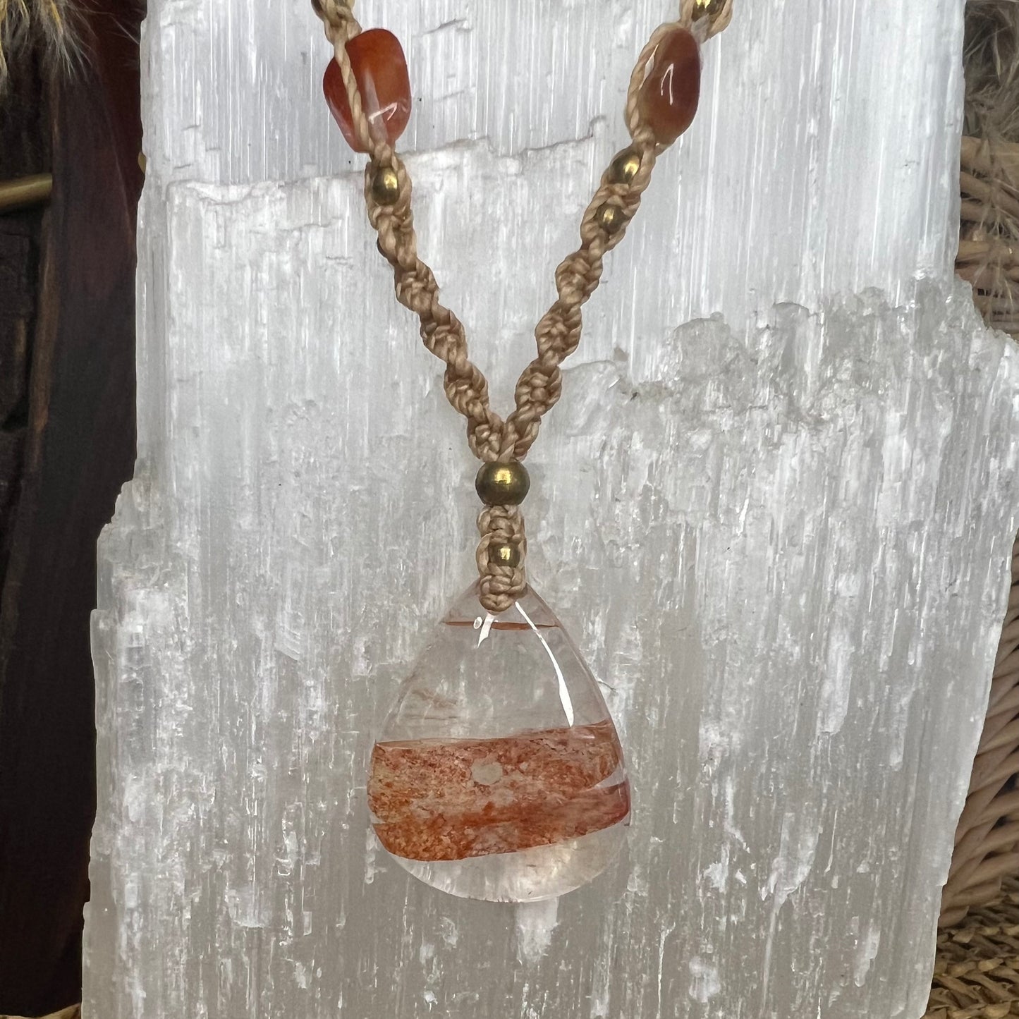 Fire Quartz with Brass Crystal Necklace - Hematoid Quartz