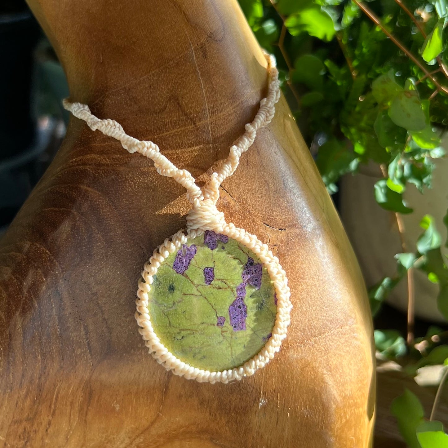 Macrame Necklace with large Tasmanian Atlantisite pendant woven into Cream tone Linhasita cording - Adjustable, comfortable Boho jewellery