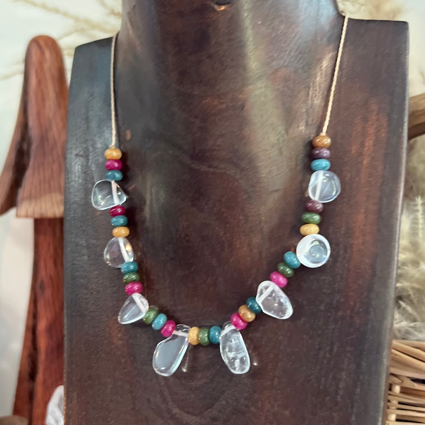 Dyed Agate, Clear Quartz & Brass Boho Crystal Macrame Necklace