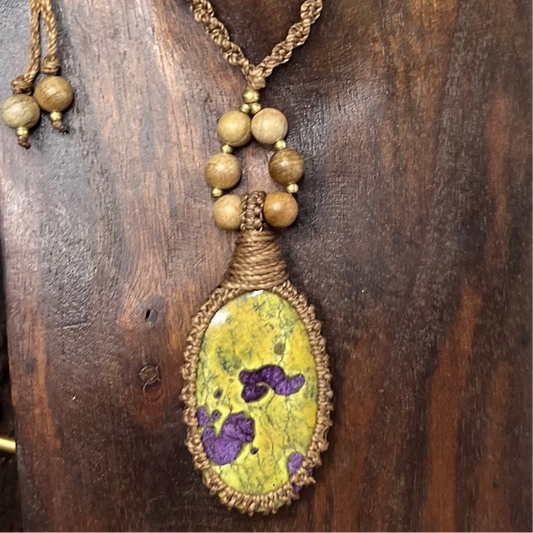 Tasmanian Atlantisite, Wood & Brass Macrame Necklace