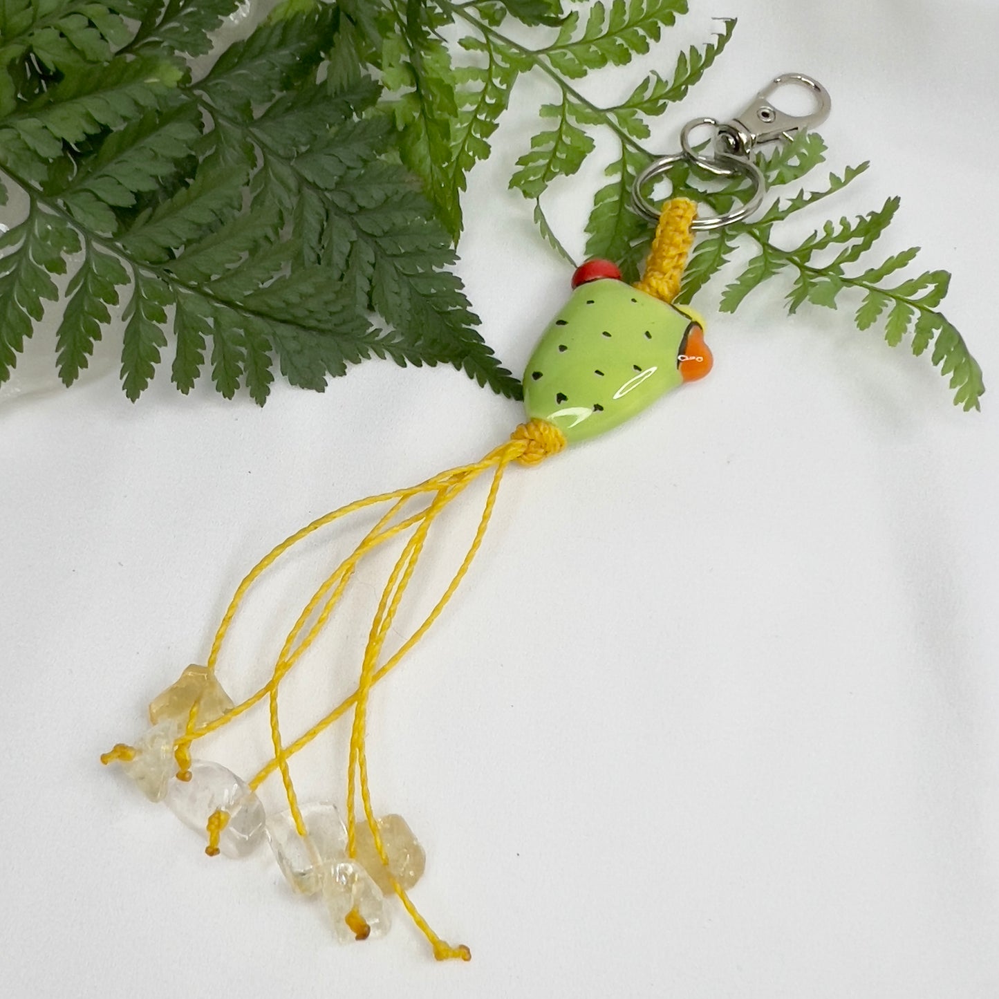 Ceramic Cactus & Crystal Macrame Keychain | Citrine Crystal Charm