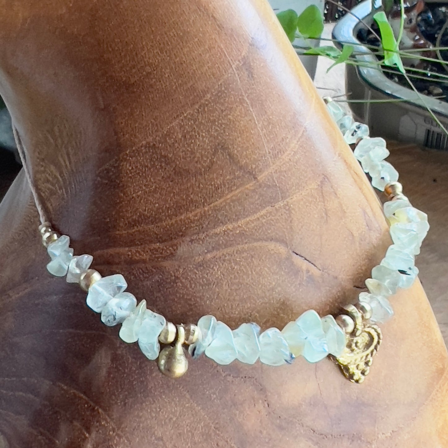 Prehnite with Epidote and Brass Charm Crystal Necklace