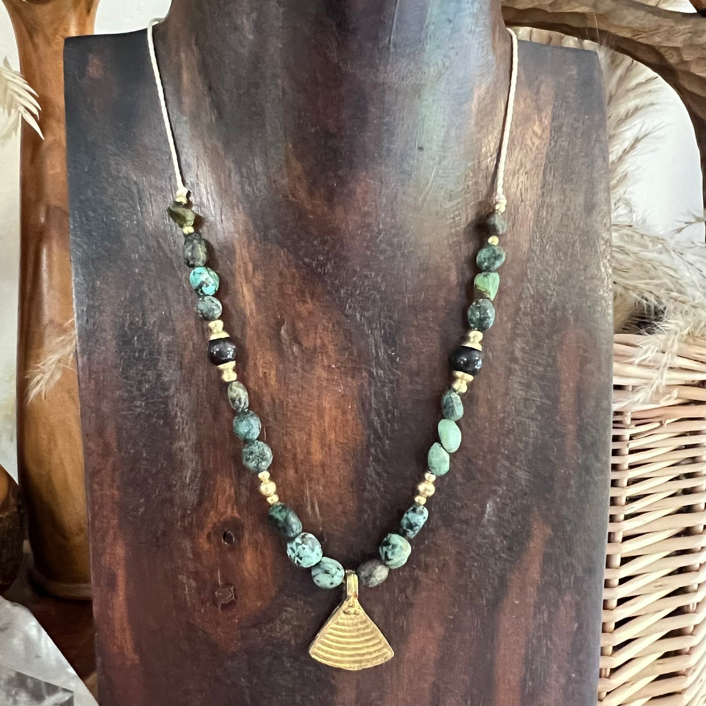 Chinese Turquoise with Brass charm Crystal Necklace